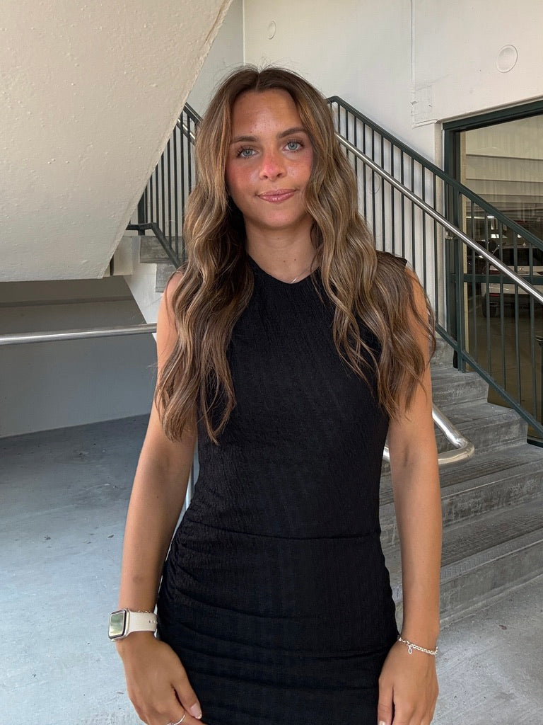 Ruched Mesh High Neck Midi Dress - Black