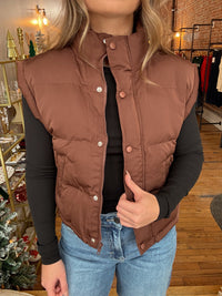 Drawstring Basic Puffer Vest - Espresso
