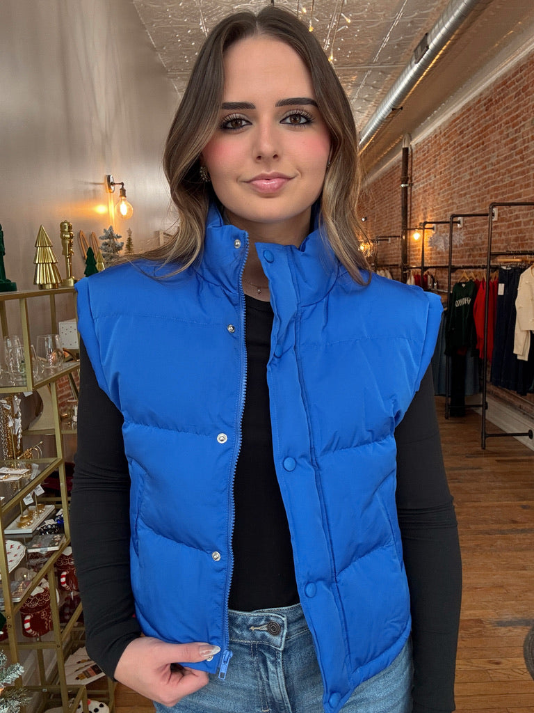 Drawstring Basic Puffer Vest - Royal Blue