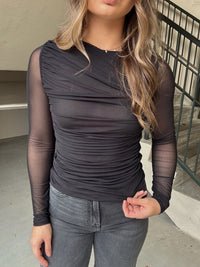 Ruched Mesh LS Top - Black