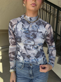 Fall Floral Mesh Top - Retro Blue