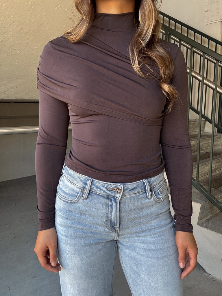 Asymmetrical LS Mock Neck Top - Chocolate