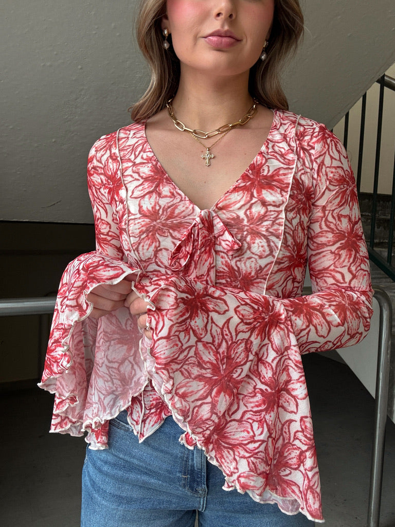 Retro Flare Sleeve Floral Top