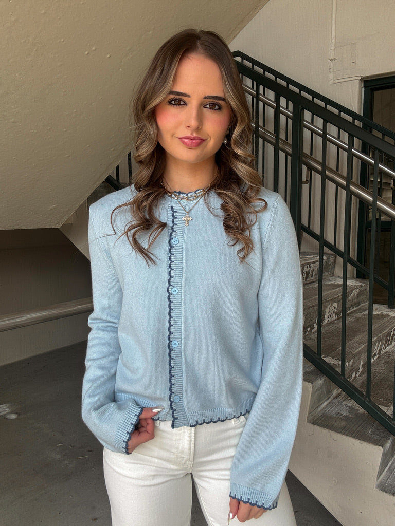 Dainty Scalloped Hem Cardigan - Blue