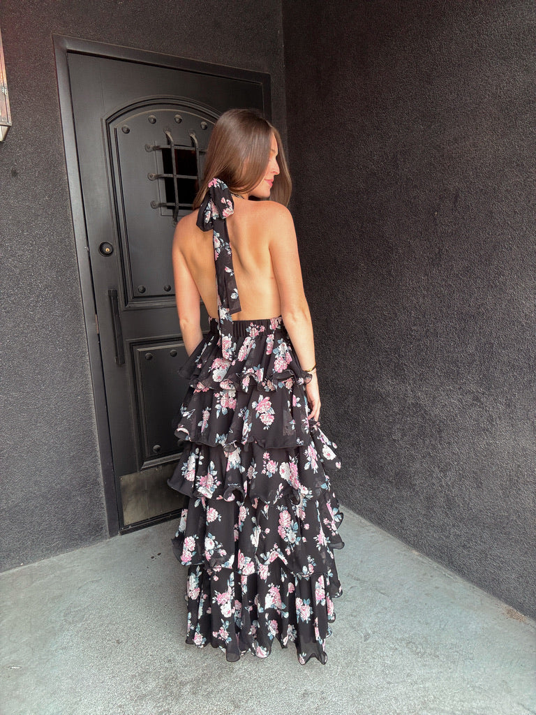 Black Floral Tiered Maxi Dress