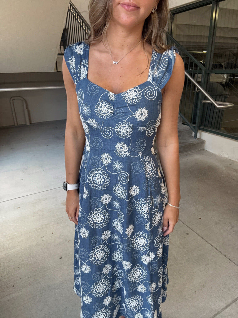 Ivory Embroidered Denim Midi Dress