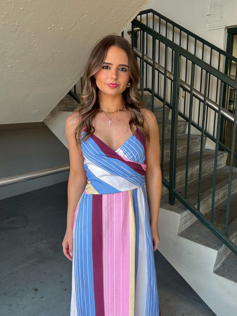 Heart Neck Wrap Detail Striped Midi Dress