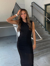 Ruched Mesh High Neck Midi Dress - Black