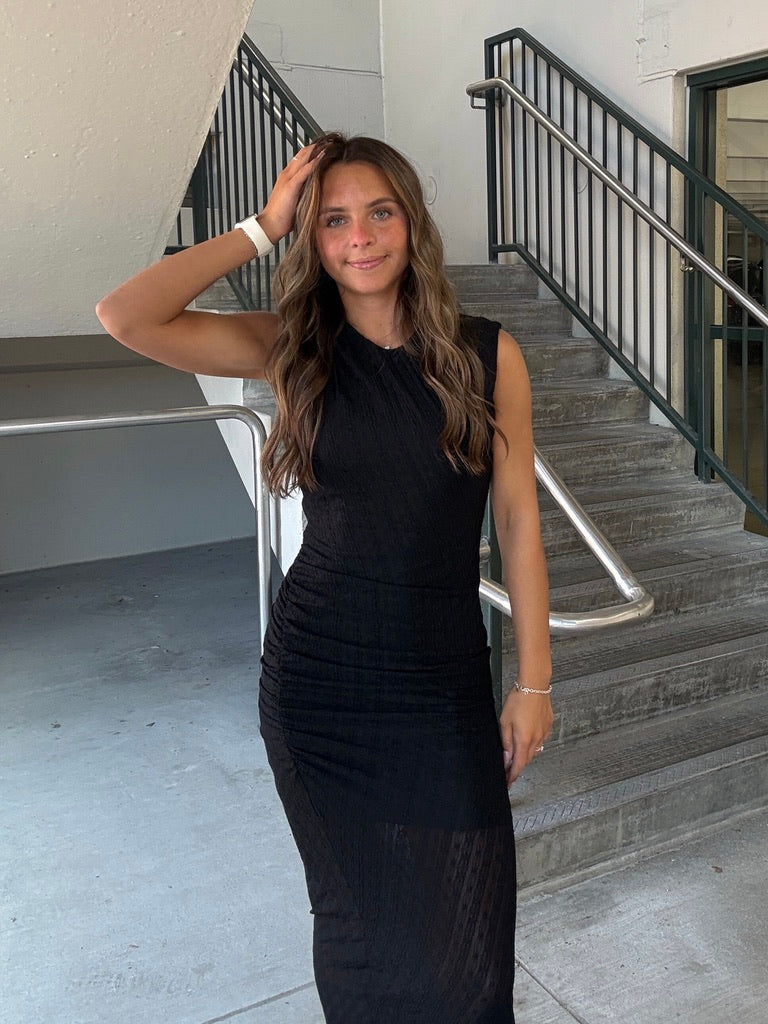 Ruched Mesh High Neck Midi Dress - Black