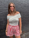 Striped Fray Hem Twill Shorts - Red