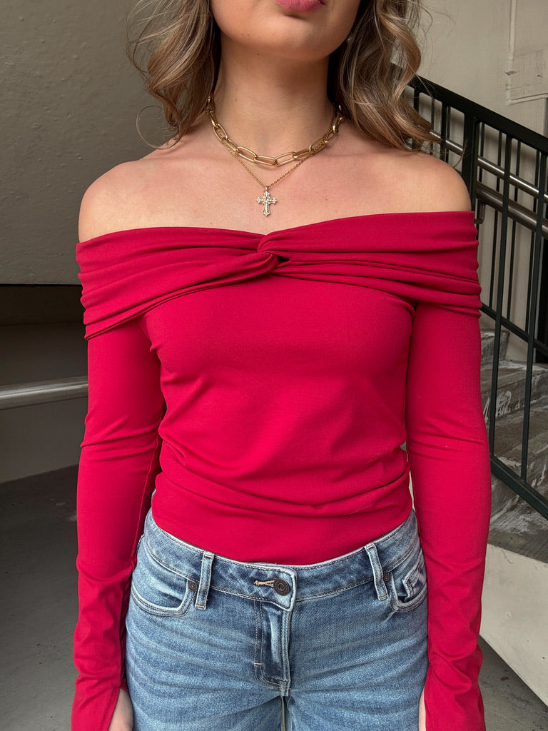 Abigail Off Shoulder Knit Top - Ruby