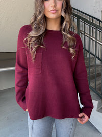 Split Hem Pocket Sweater - Burgundy