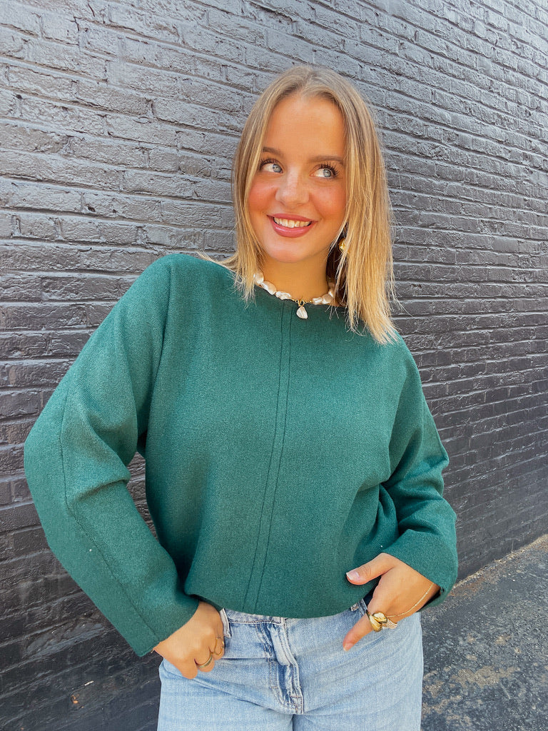 Front Seam Soft Knit Sweater - Heather Green