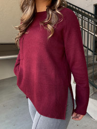 Split Hem Pocket Sweater - Burgundy