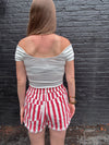 Striped Fray Hem Twill Shorts - Red