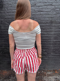 Striped Fray Hem Twill Shorts - Red