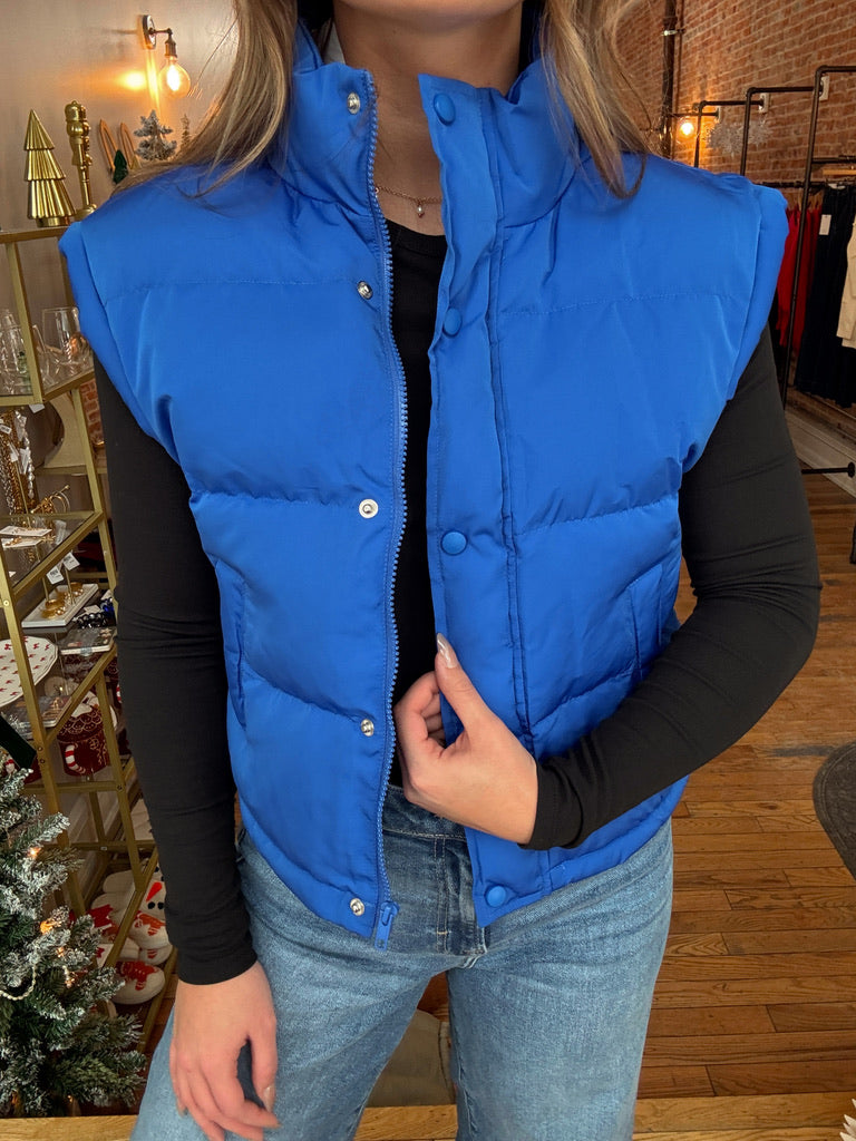 Drawstring Basic Puffer Vest - Royal Blue