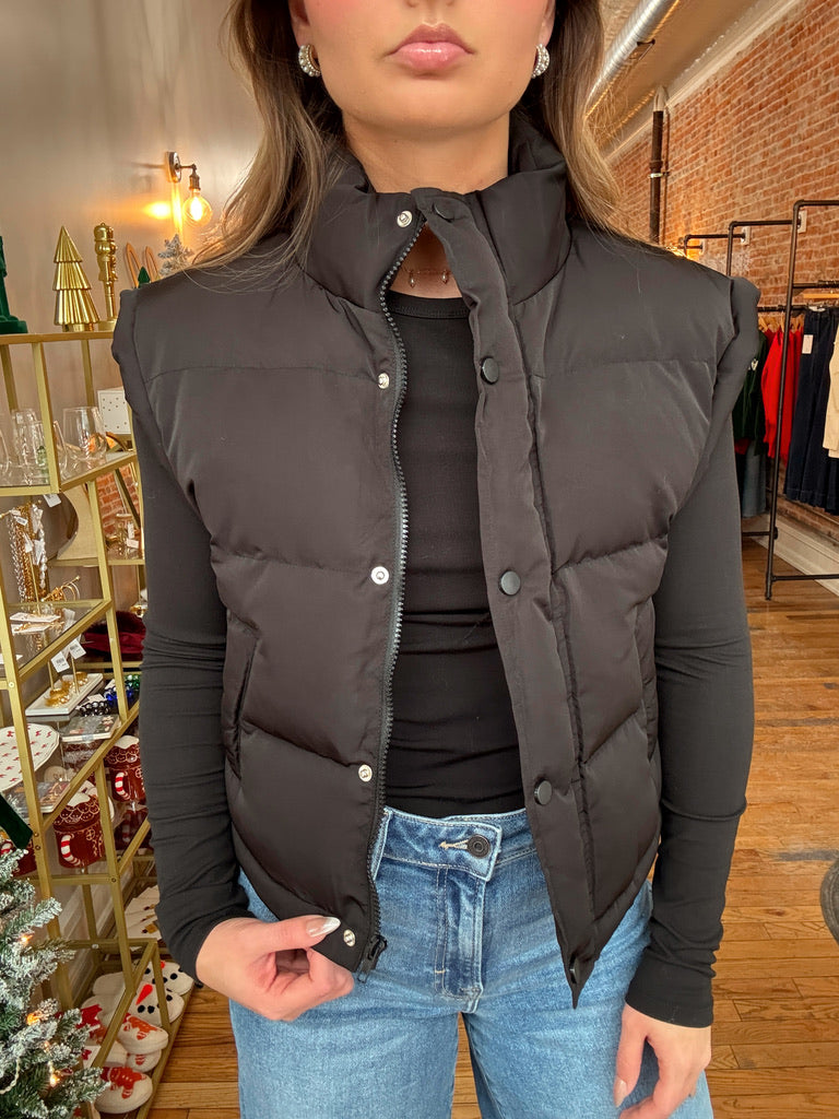 Drawstring Basic Puffer Vest - Black