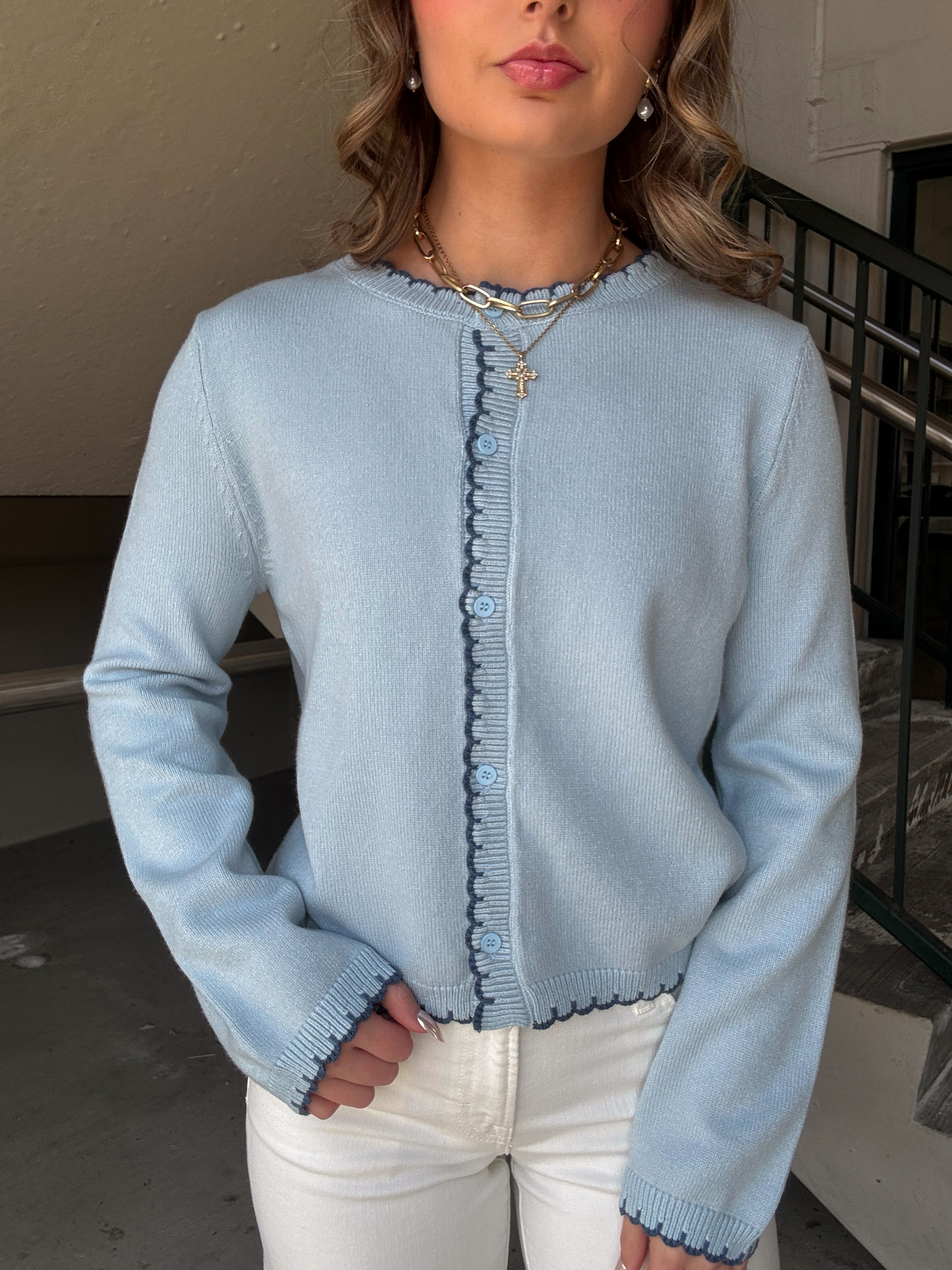 Dainty Scalloped Hem Cardigan - Blue