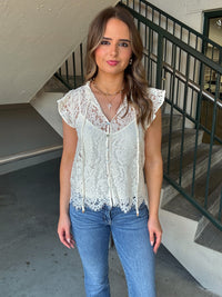 Lace Ruffle Sleeve Button Top