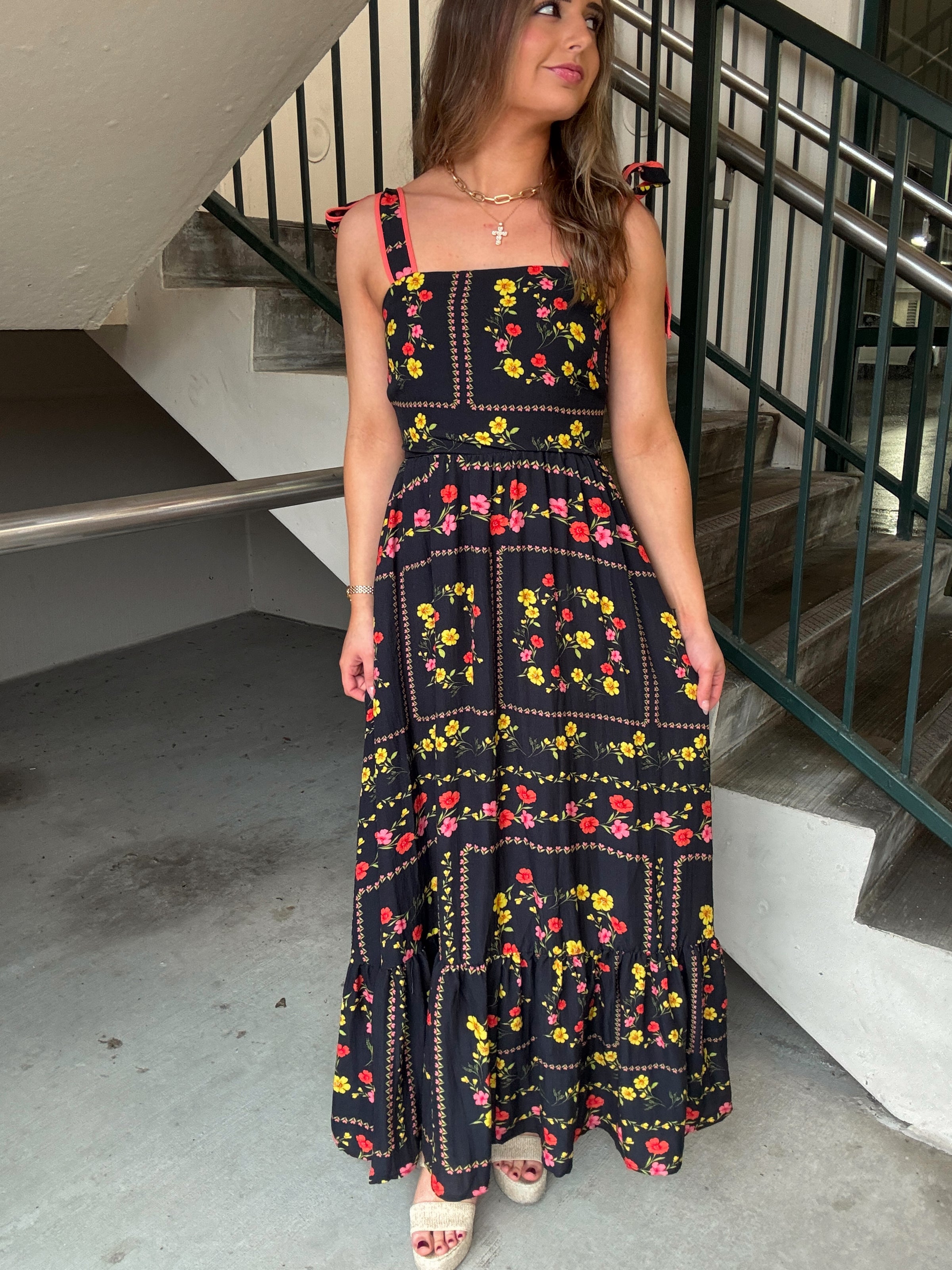 Black Floral Tie Strap Maxi Dress