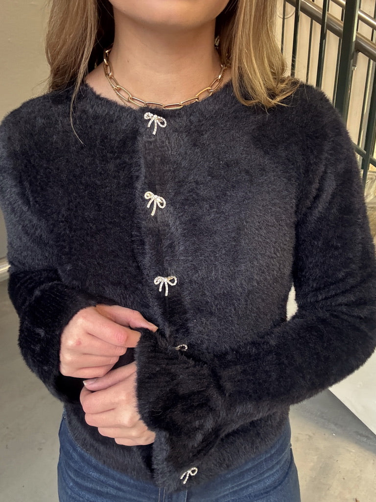 Ribbon Rhinestone Button Details Cardigan