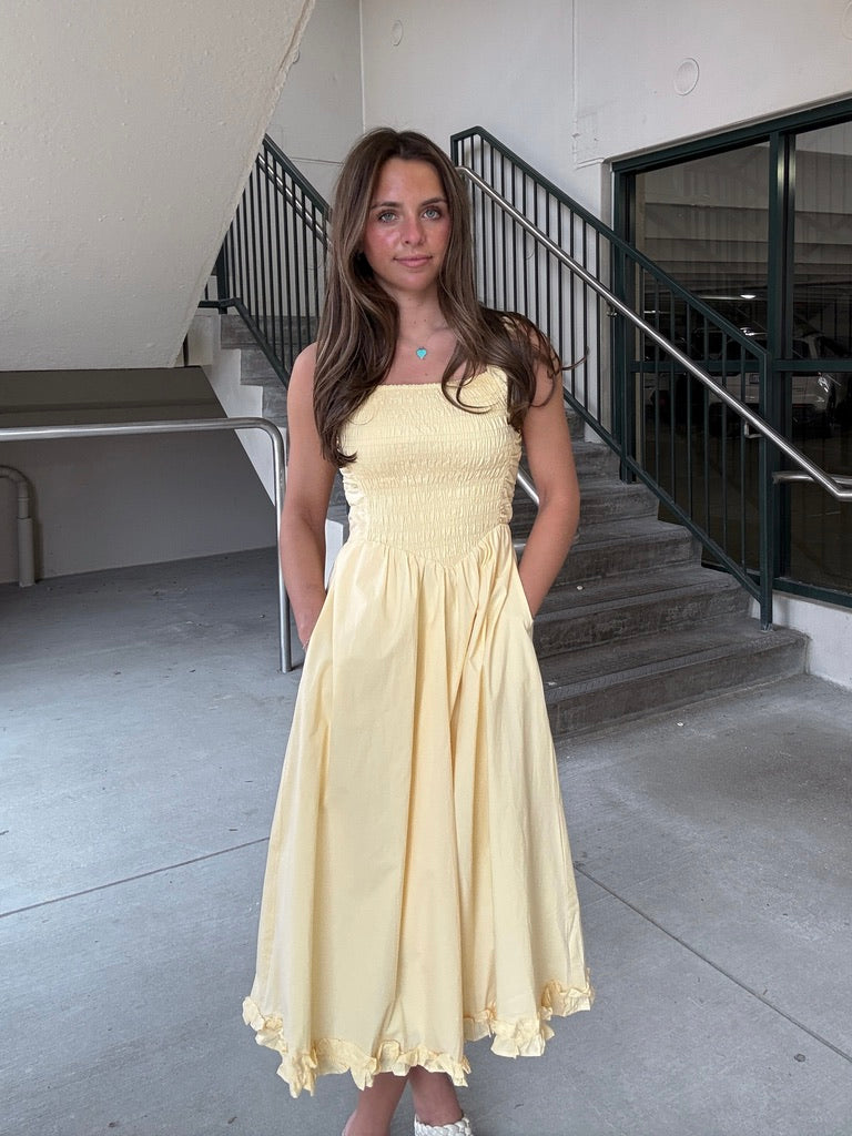 Smocked and Gathered Cut Out Back Midi Dress