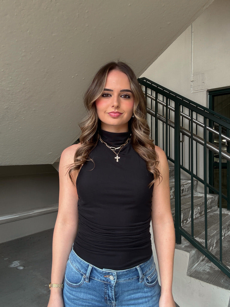 Mock Neck Sleeveless Slinky Top - Black