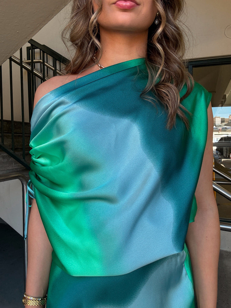 Ombre Satin Asymmetric Drawstring Top