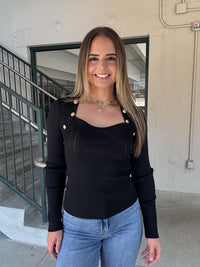 Gold Button LS Top - Black