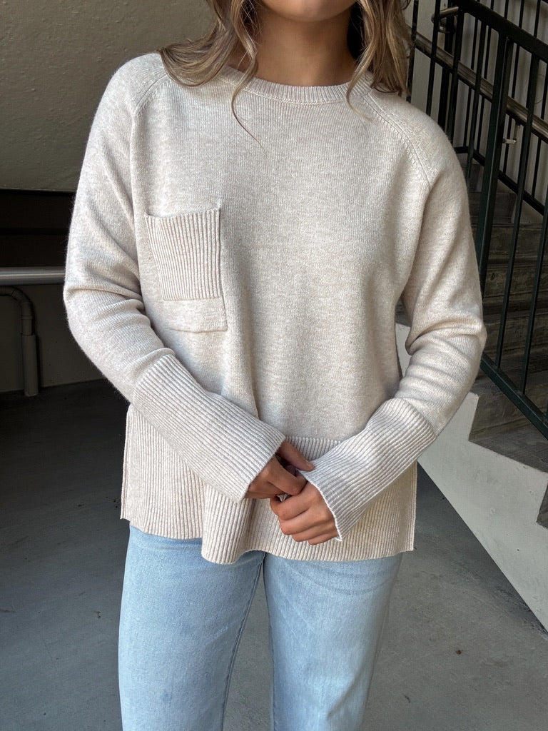 Split Hem Pocket Sweater - Beige