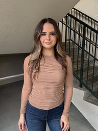 Ruched Mesh LS Top - Mocha