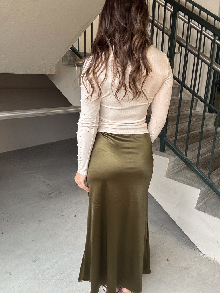 Lidia Solid Satin Skirt - Olive