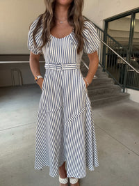 Puff Sleeve Navy stripe Midi Dress