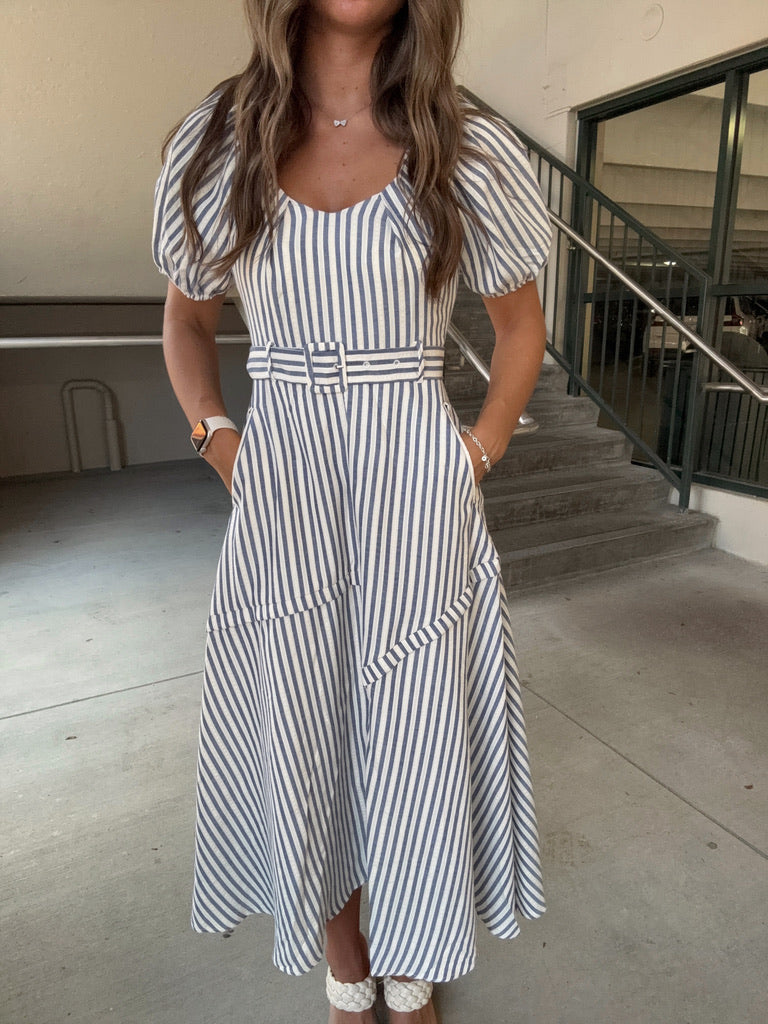 Puff Sleeve Navy stripe Midi Dress