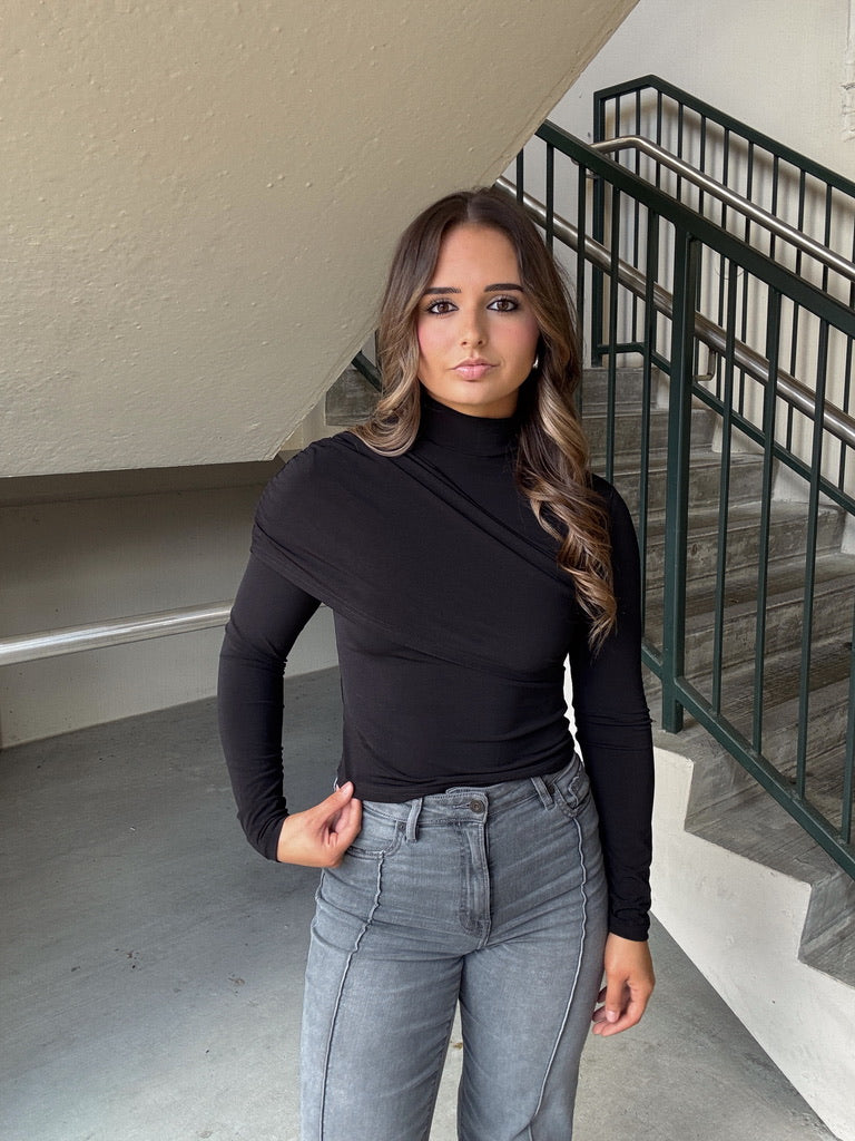 Asymmetrical LS Mock Neck Top - Black