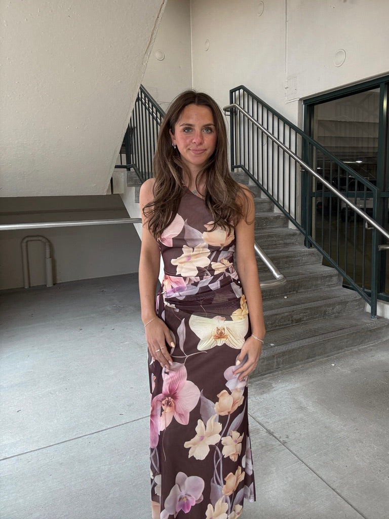 Brown Floral One Shoulder Strap Dress