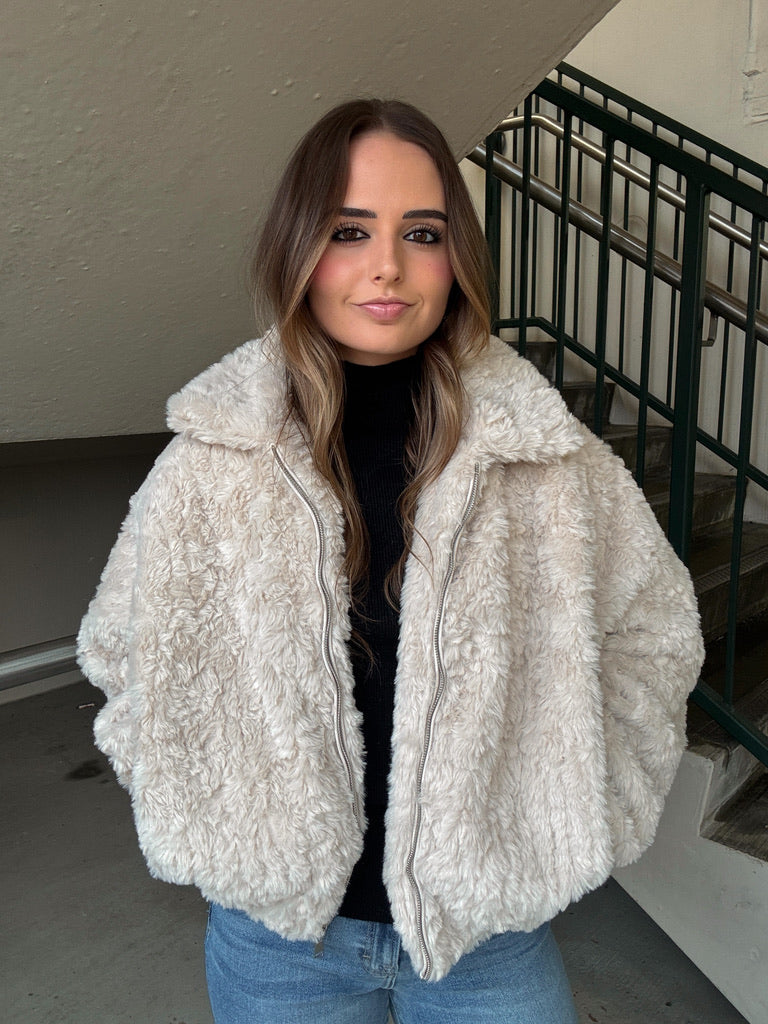 Textured Zip Up Fur Coat