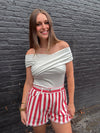 Striped Fray Hem Twill Shorts - Red