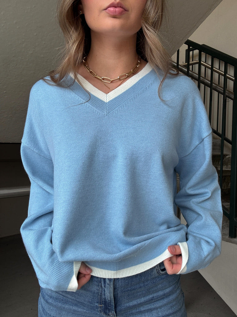 White Trim V-Neck Sweater - Blue