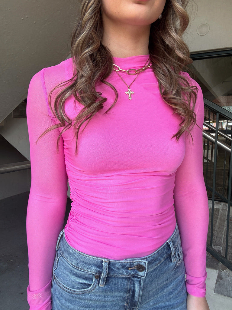 Ruched Mock Neck LS Mesh Sheer Top