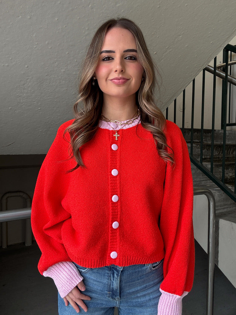 Two-Tone Dolman Cardigan: Red
