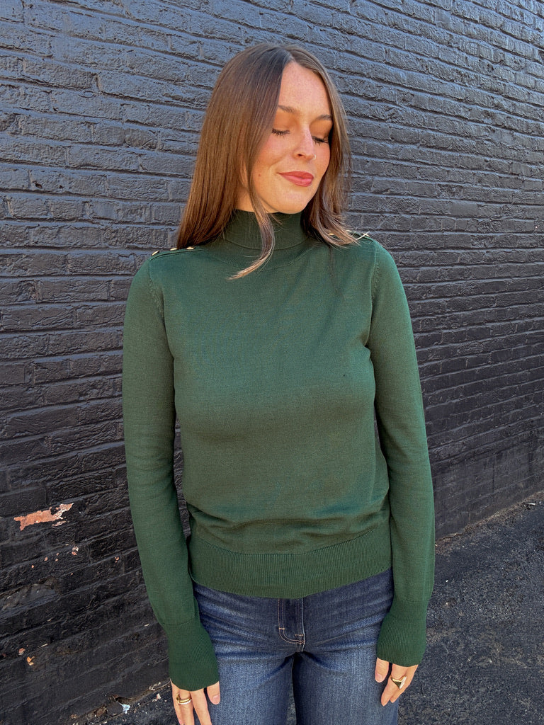 Gold Button Turtleneck Sweater - Hunter Green
