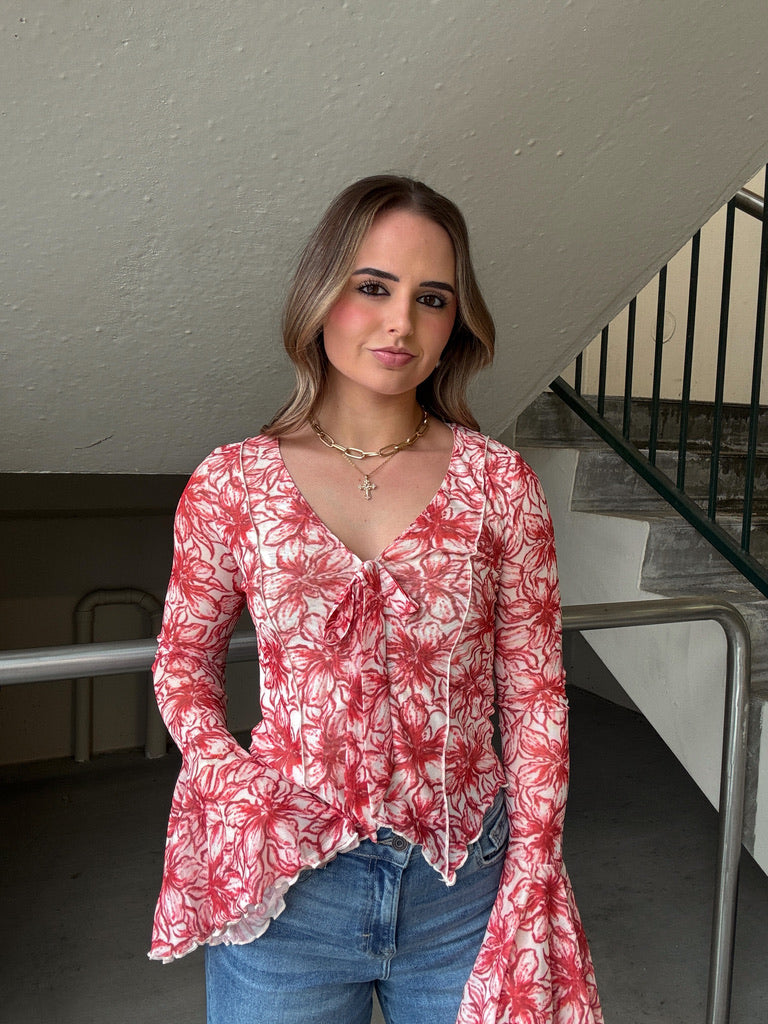 Retro Flare Sleeve Floral Top