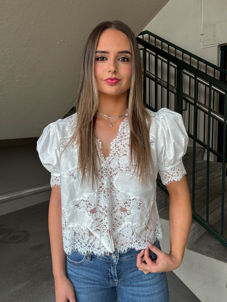 Lace Trimmed Linen Button Down - Off White