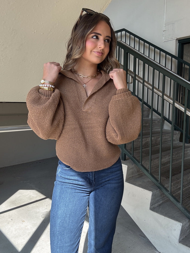 Oversized Balloon Sleeve Sweater - Brown