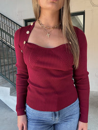 Gold Button LS Top - Burgundy