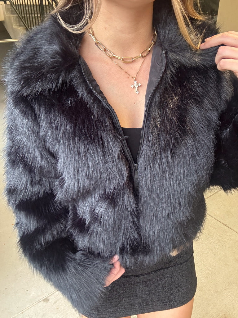 Zip Up Fur Jacket - Black