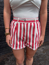 Striped Fray Hem Twill Shorts - Red