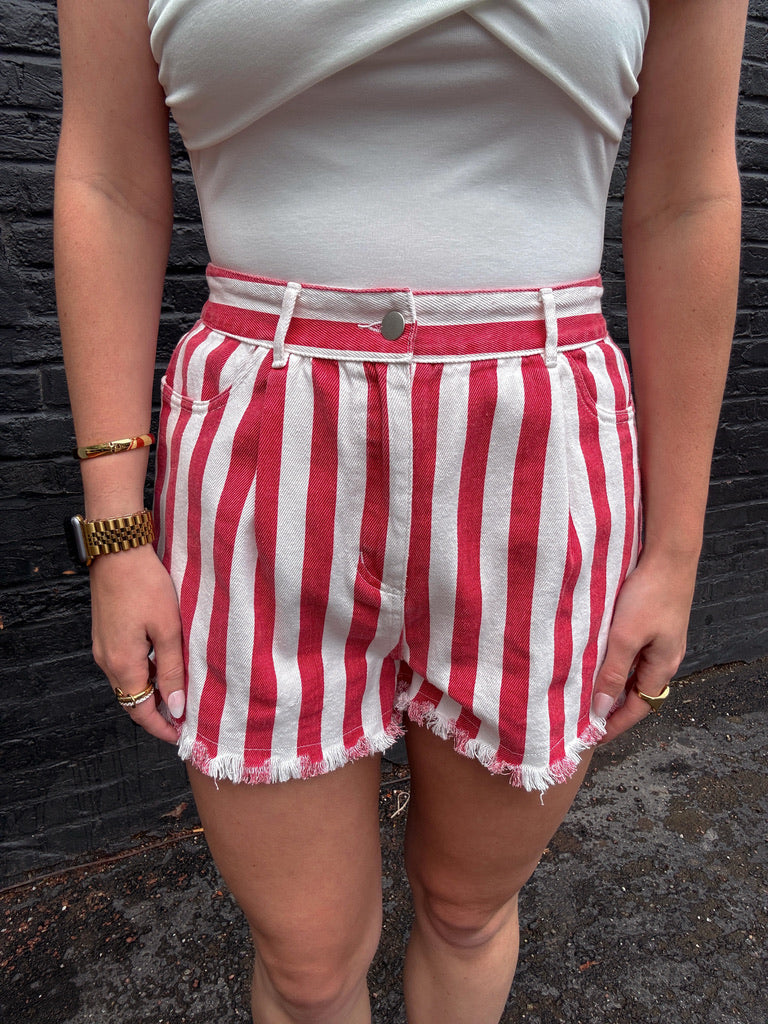 Striped Fray Hem Twill Shorts - Red